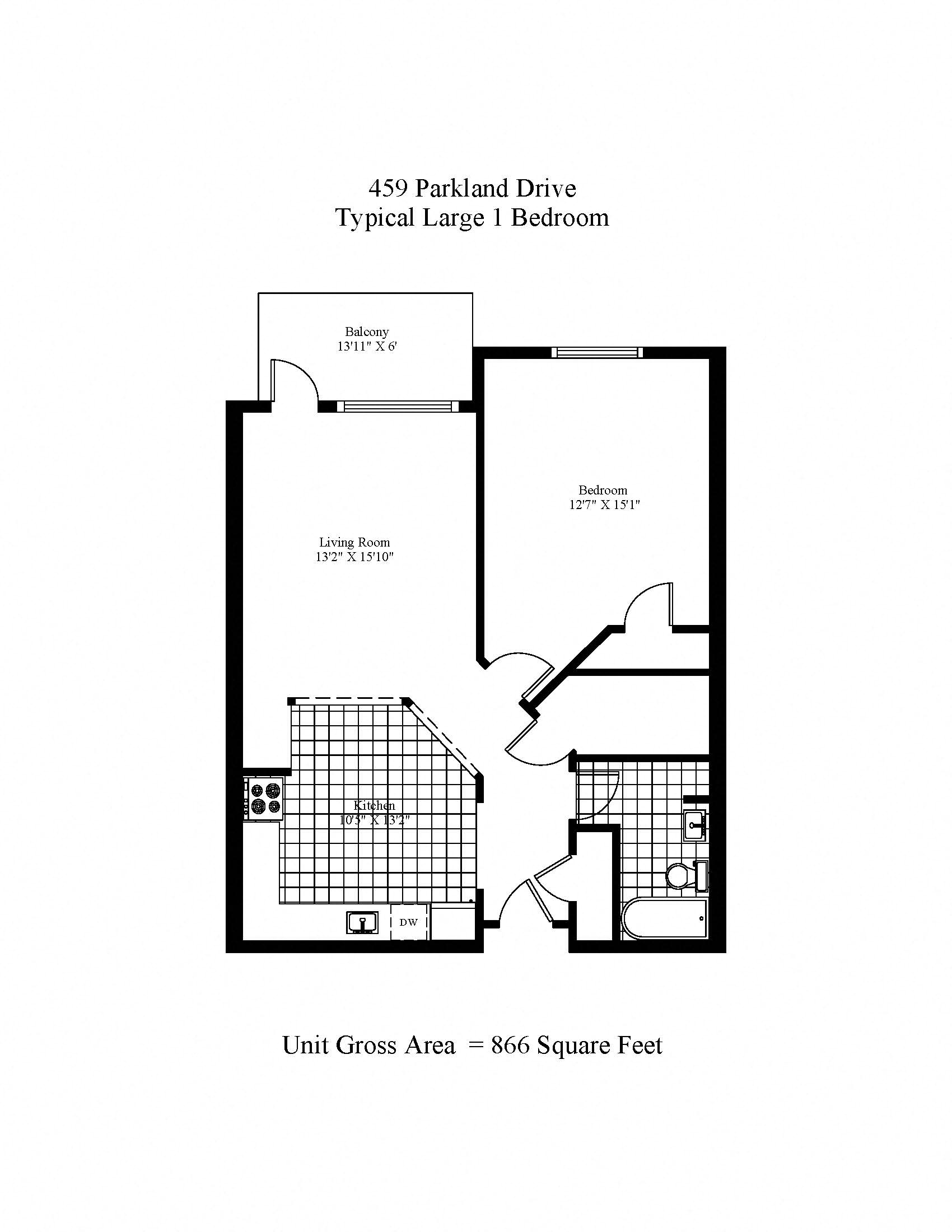 Floor plan for 1 bed, 1 bath, 866 sqft